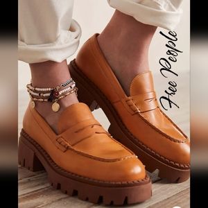 Free People Womens Lyra Lug Sole Slip On Loafer Tan/Orange Leather sz 10